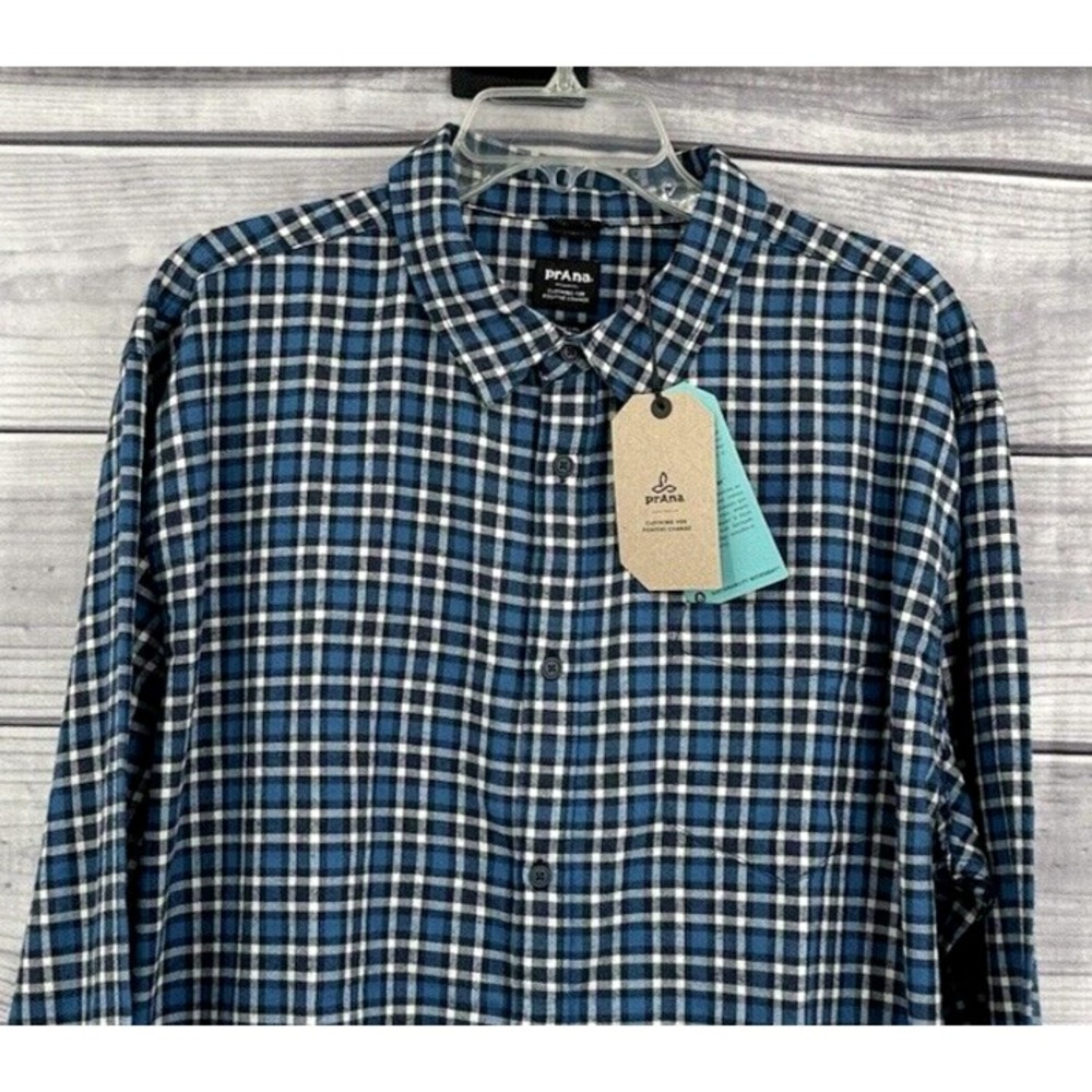 PRANA LOS FELIZ SLIM FIT FLANNEL SHIRT Men's Size XXL ADMIRAL BLUE PLAID ‎ NEW!!